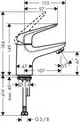 Hansgrohe Standventil in chromfarbener Ausführung, geeignet für Kaltwasseranschlüsse, zeigt schematische Maße und Anschlussdetails.